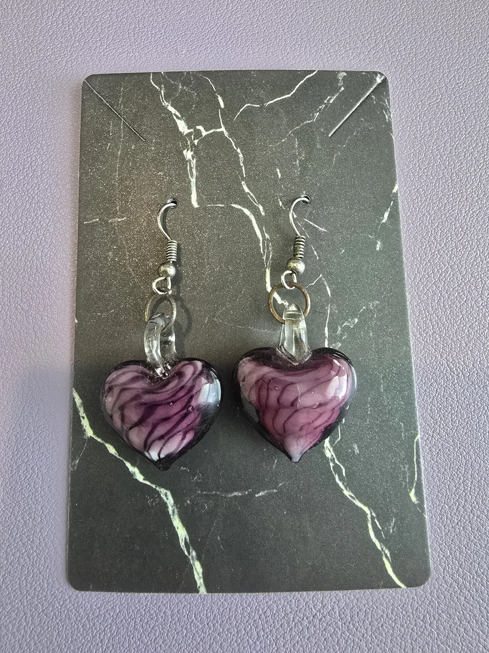Purple 💜 Swirl Murano Style Heart Glass Drop Earrings